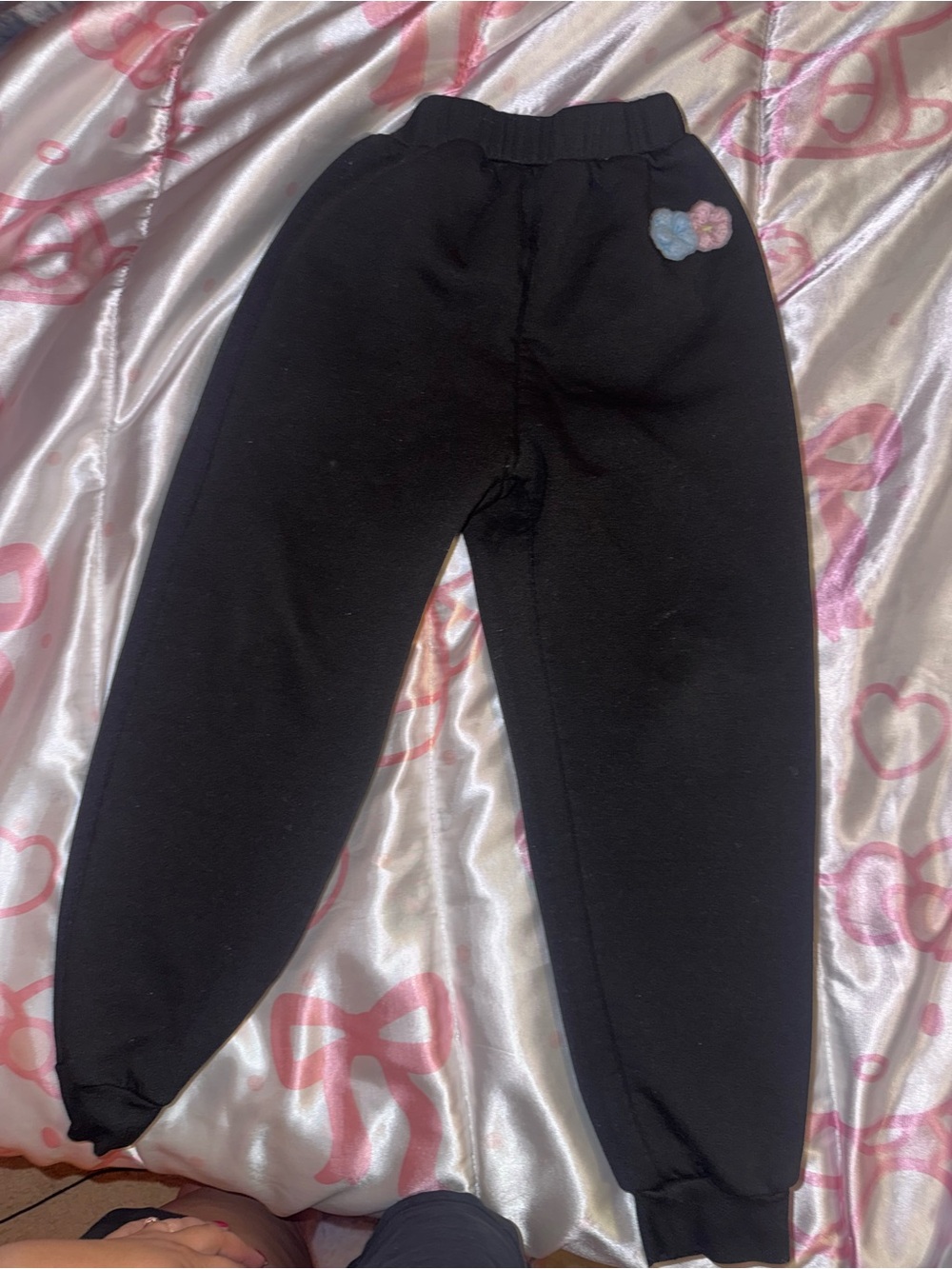 Kids Black Fleece Jogger Pants with flower Patch